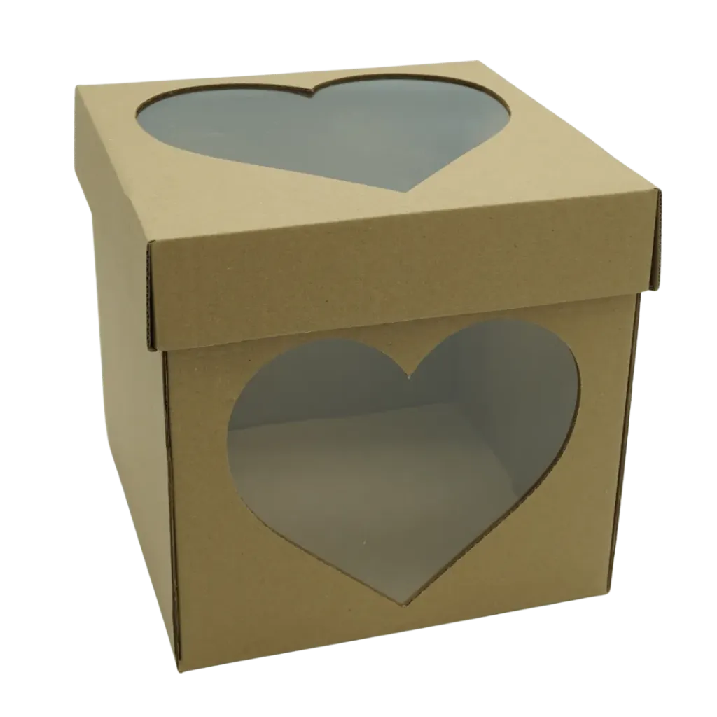 CAJA CARTÓN CUBO 22CM C/VENTANA DE CORAZON KRAFT BOX